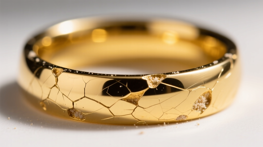 Extreme close-up of a scratched 18k yellow gold wedding band under a loupe, showing micro-abrasions from trapped silica dust.