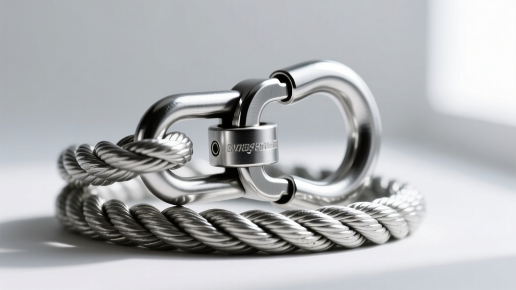 Side profile of a heavy tongue-in-box clasp with a figure-eight safety latch, securely fastening a thick silver rope chain.