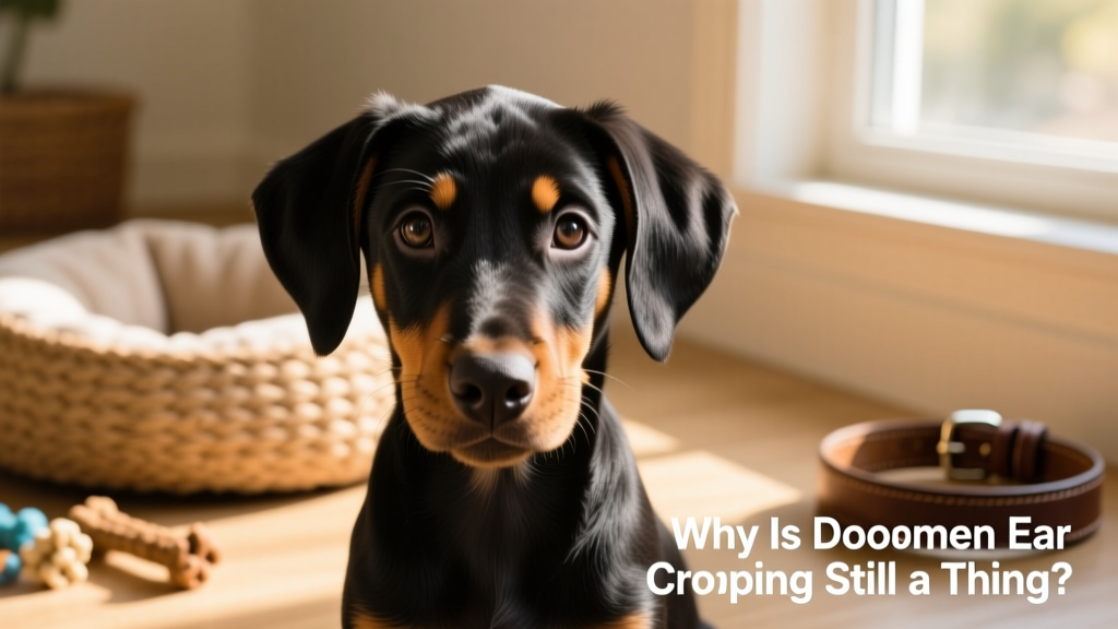 Close-up of a young Doberman puppy with soft, naturally floppy ears