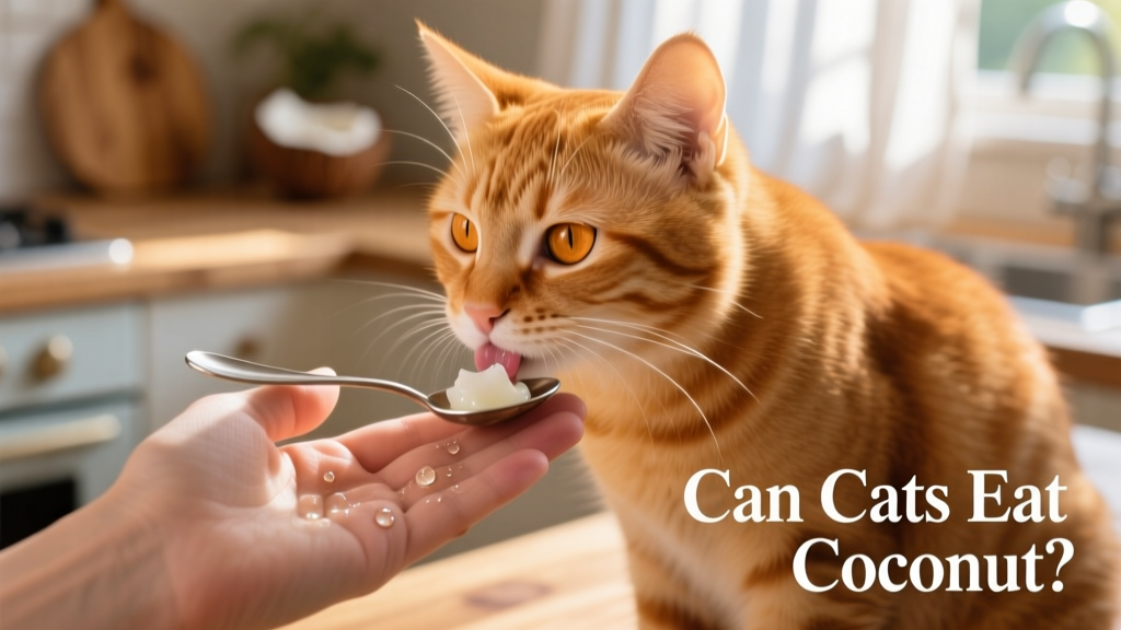 Close-up of a cat gently licking a small spoon of coconut oil from a human's hand