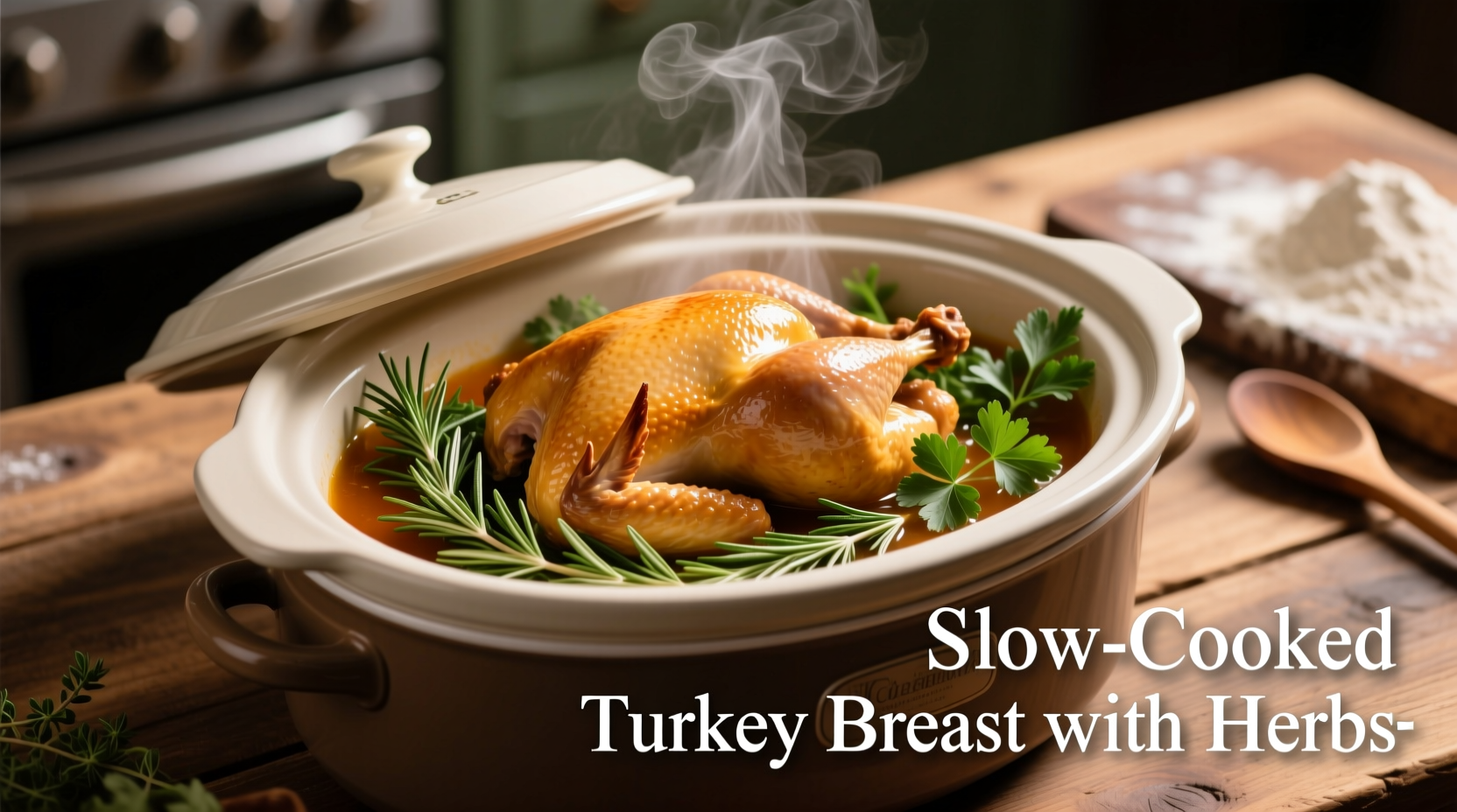 Slow cooker with turkey breast and herbs