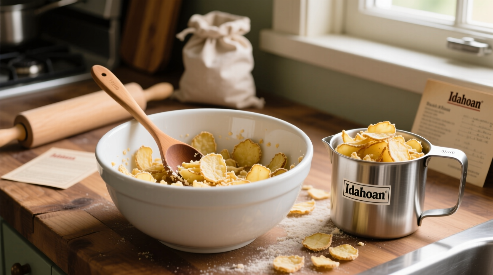 Idahoan potato flakes in mixing bowl with measuring cup