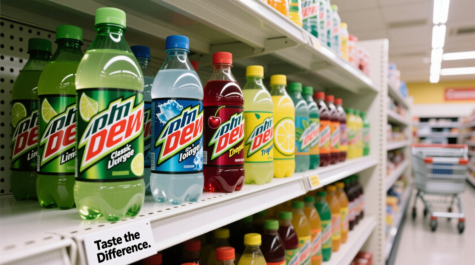 Mountain Dew flavor lineup on supermarket shelf