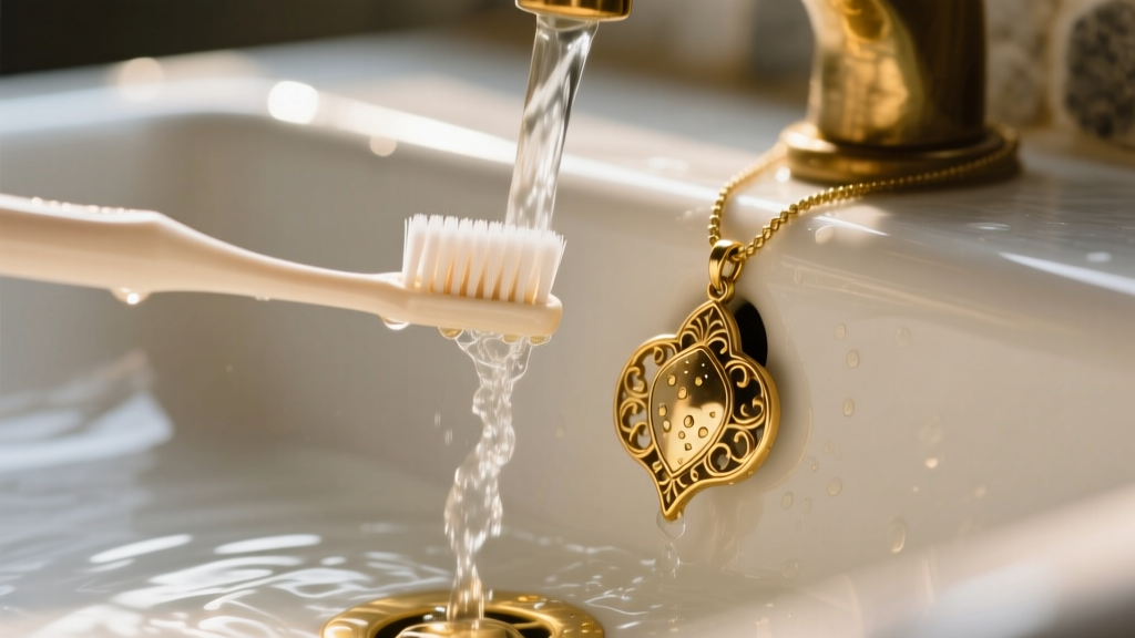 Soft-bristle toothbrush gently scrubbing the intricate cleft of a gold spade pendant under warm running water in a ceramic sink.