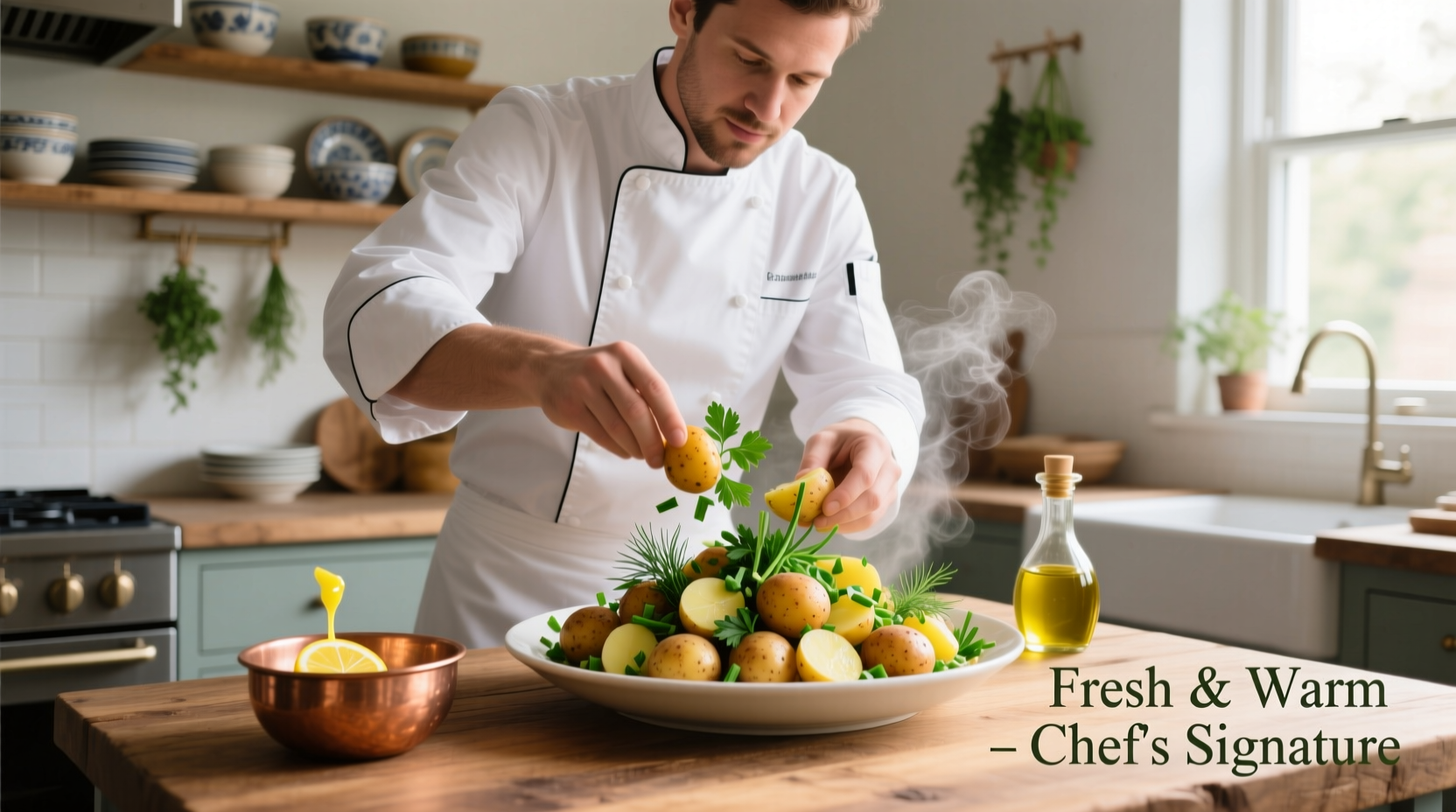 Chef preparing warm potato salad with fresh herbs