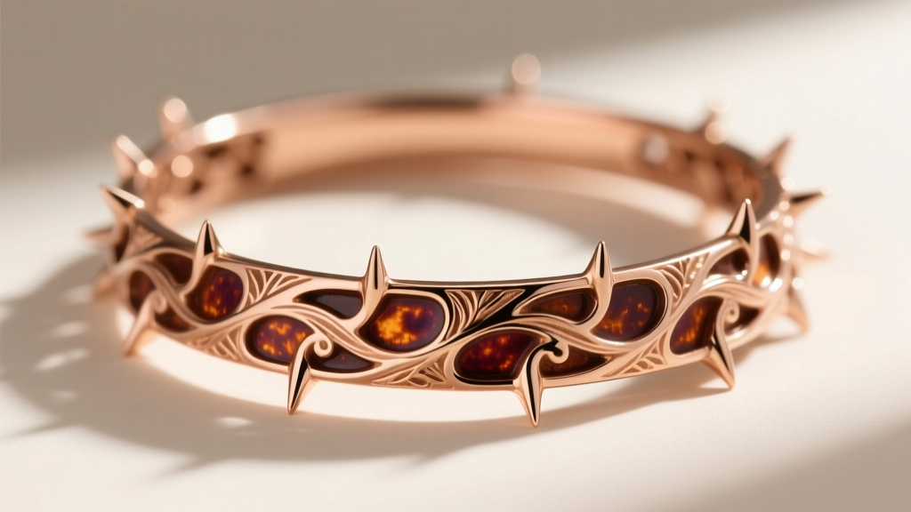 Close-up macro shot of a 14k rose gold thorn collar necklace showing intricate lost-wax casting details and liver of sulfur patina.
