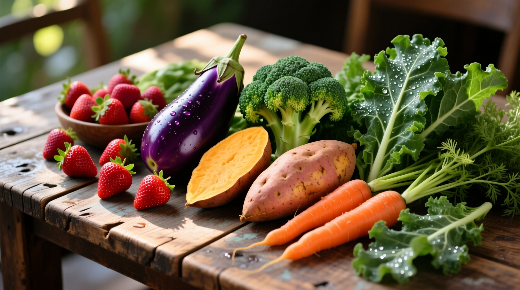 Colorful assortment of nutrient-dense whole foods on wooden table