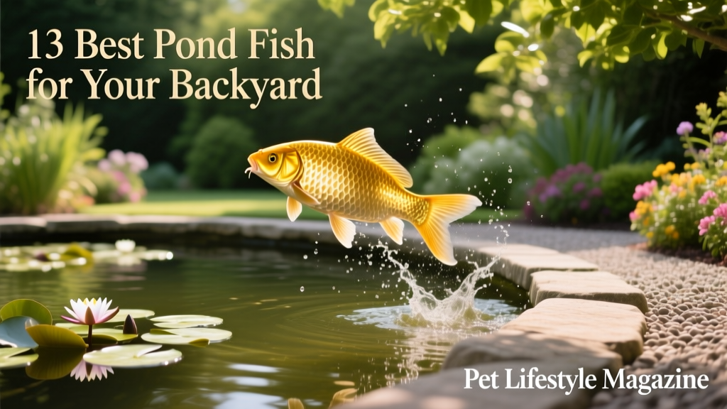 Golden orfe leaping near the surface of a well-maintained garden pond