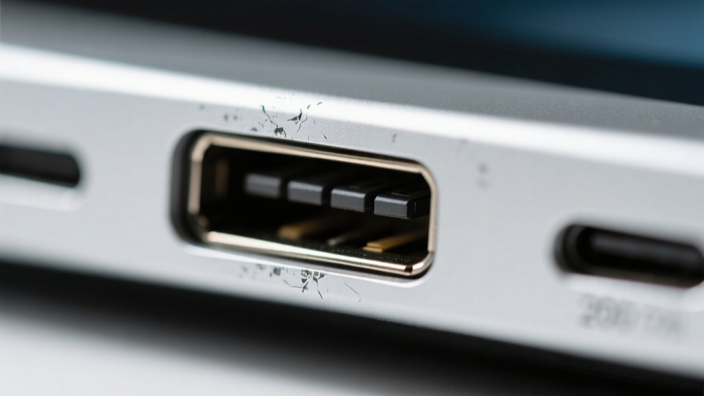 Close-up macro shot of a portable monitor USB-C port showing minor scuff marks after 200 insertion cycles in a lab test.