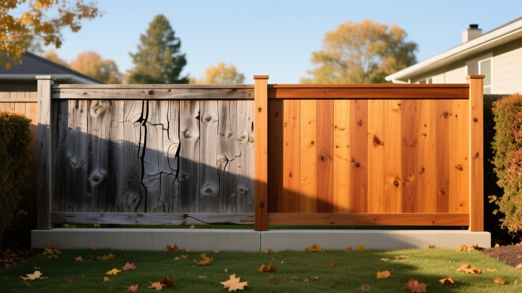 Side-by-side comparison of weathered western red cedar and newly stained pressure-treated pine privacy fence panels in a suburban backyard