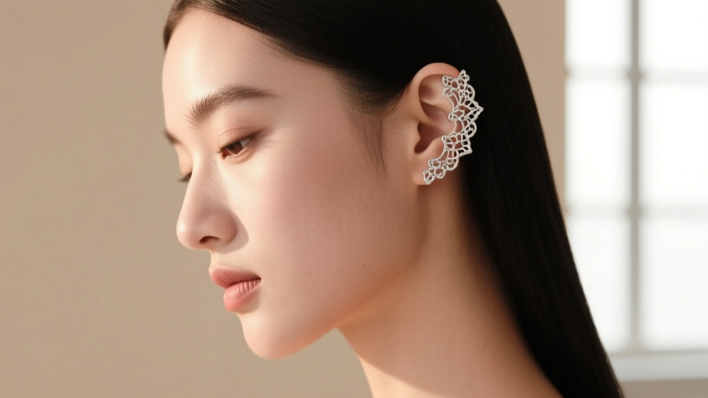 Side profile of a model wearing a delicate silver filigree ear cuff on the helix, soft lighting against a neutral studio backdrop