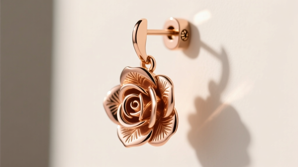 Close-up of an 18k rose gold rose dangle earring featuring a secure screw-back post and 18-gauge thickness for lobe support