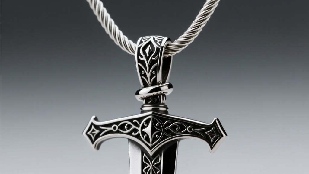 Close-up of a 1.5mm sterling silver cable chain and lobster clasp, securely attached to the bail of a heavy gothic sword pendant