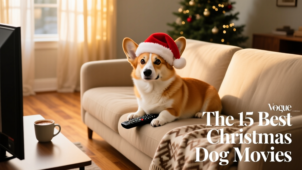 A Corgi wearing a Santa hat sitting on the sofa next to a television remote control