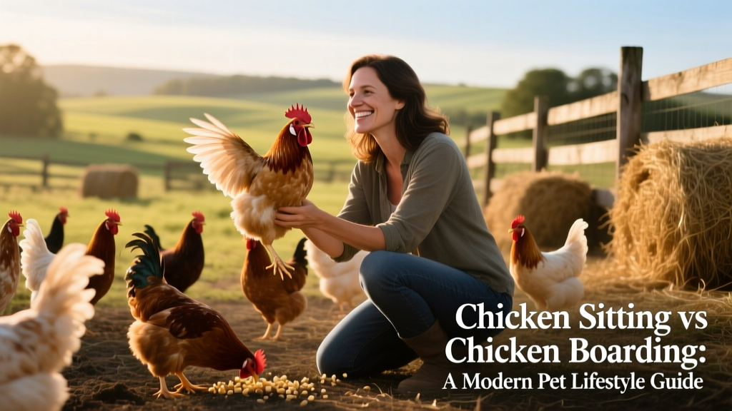 A smiling woman crouched among a lively flock of chickens, holding one up toward the camera