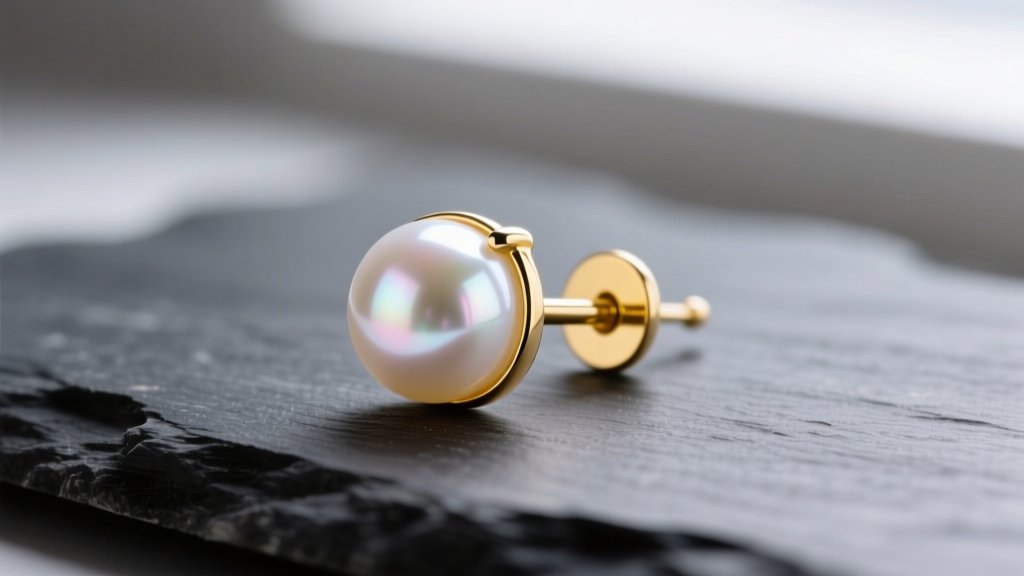 Macro shot of an 8mm AAA white Akoya pearl earring stud in 14k yellow gold on dark slate, soft lighting highlighting mirror luster and rose overtone.