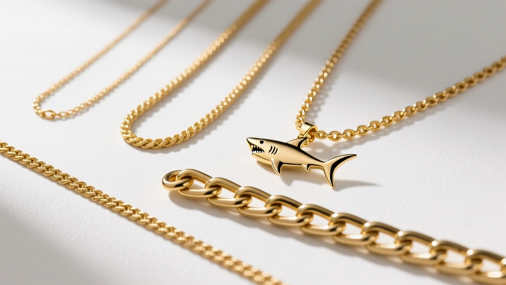 Flat lay of three gold chains of varying lengths, a thin rope chain, a box chain with a shark pendant, and a thick Cuban link