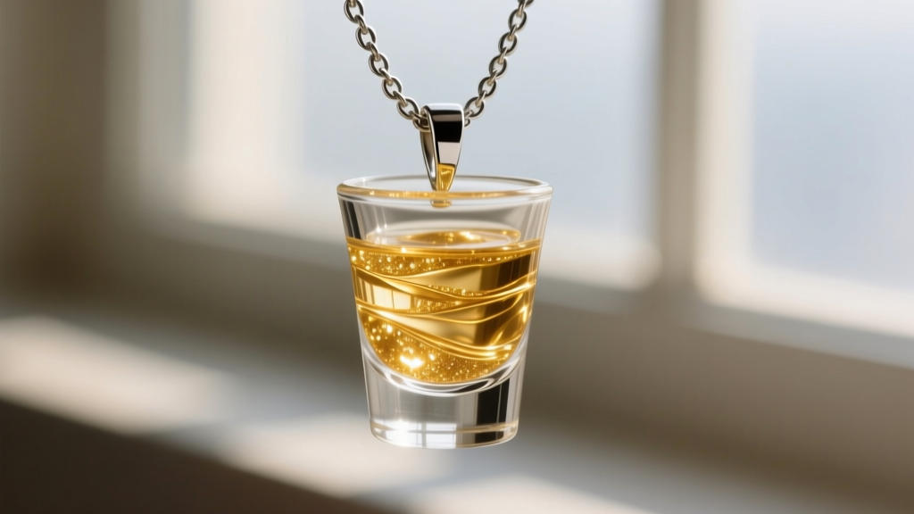 Close-up of a miniature borosilicate glass shot glass necklace pendant filled with shimmering gold epoxy resin on a steel chain.