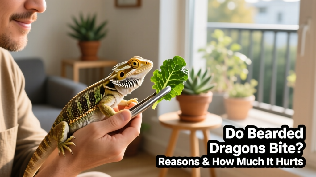 Person gently holding a bearded dragon while offering a leafy green treat from tongs