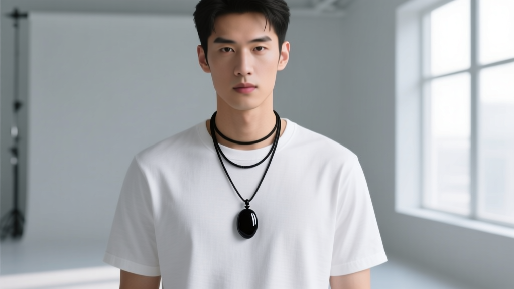 Male model wearing a layered 5mm black jack necklace with a matte black onyx pendant over a plain white heavyweight cotton t-shirt