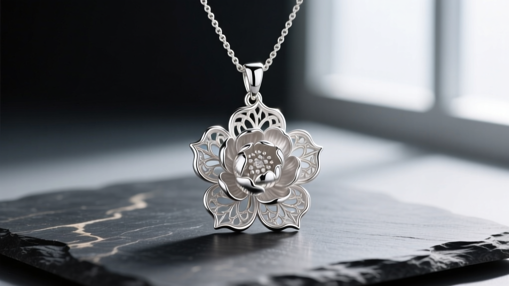 Close-up of a highly detailed 925 sterling silver flower necklace pendant shaped like a blooming peony, resting on dark slate.