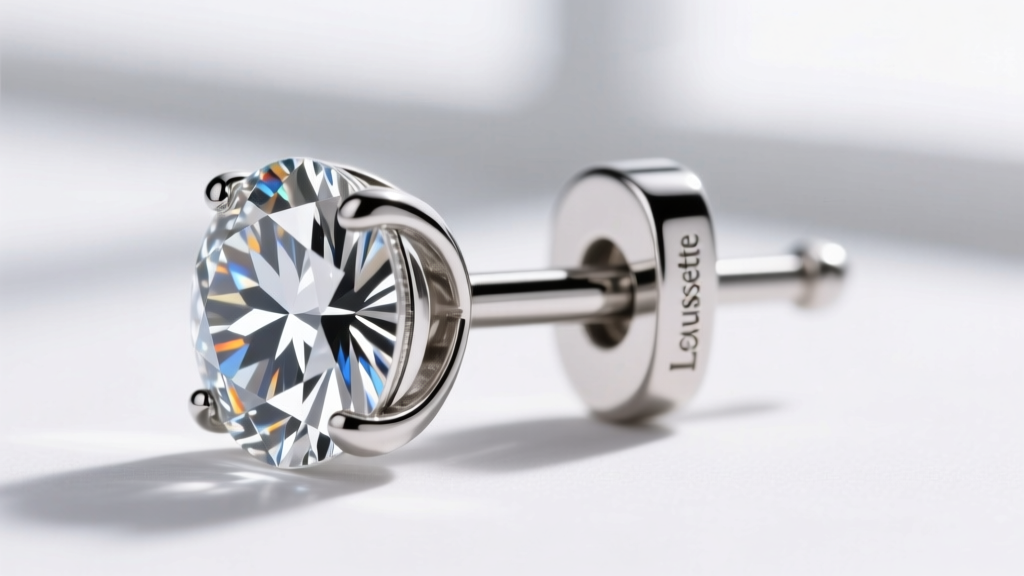 Macro view of a heavy diamond earring secured with a platinum La Pousette locking back gripping a thick 18-gauge post.