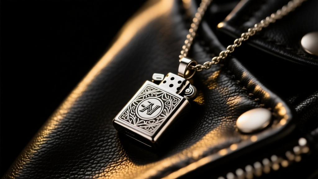 Close-up of a brushed titanium necklace lighter pendant resting on a black leather jacket under warm, moody studio lighting.