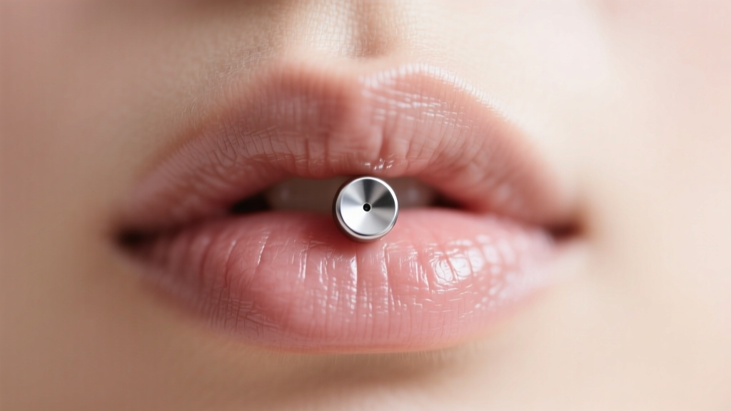 Close-up of a 14-gauge titanium monroe piercing with a flat-back labret stud, soft lighting highlighting the upper lip anatomy.
