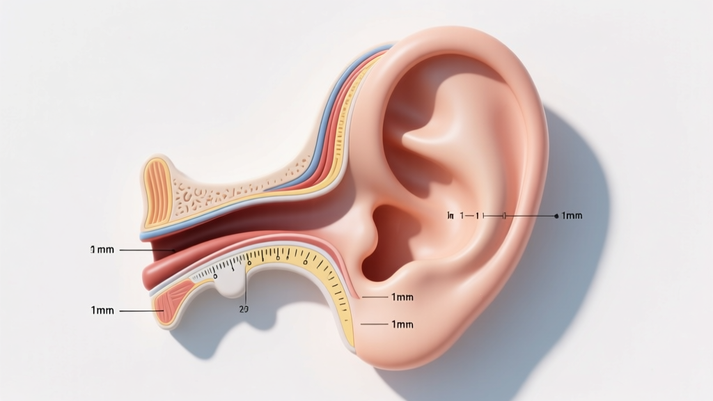 Diagram showing ear helix, tragus, conch, and lobe placements with exact millimeter gauge markers on a clean white backdrop.