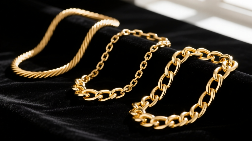 Three gold chain styles including cable, rope, and box chains on dark velvet, highlighting link textures and thickness variations