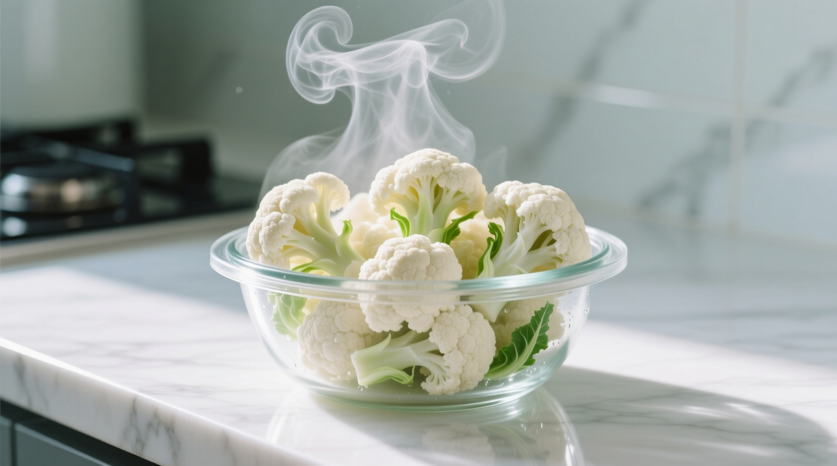 Fresh cauliflower florets steaming in microwave-safe bowl