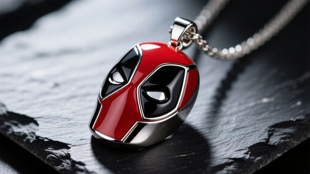 Close-up of a 316L steel Deadpool mask pendant with red and black hard enamel resting on dark slate with dramatic lighting
