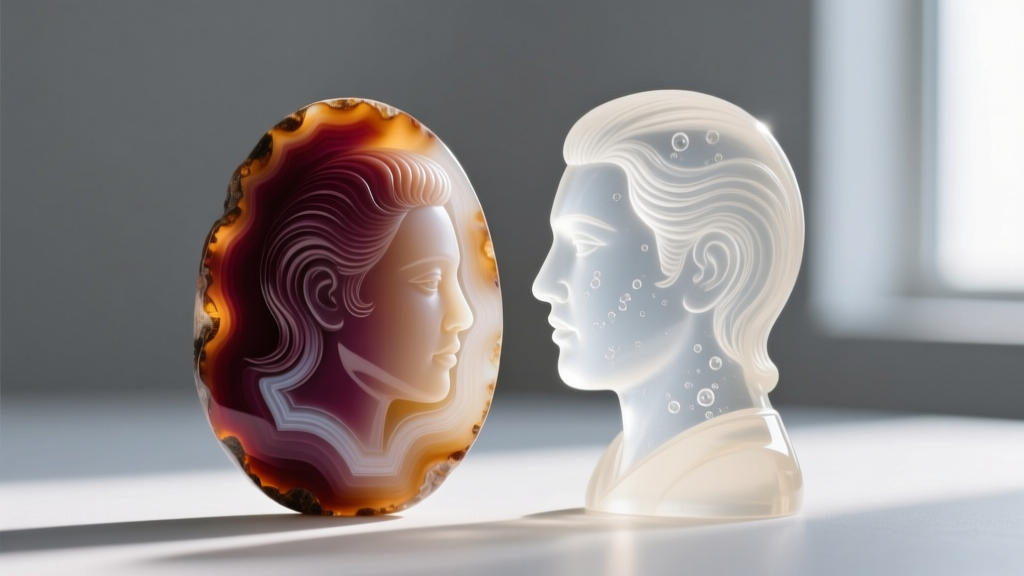 Close-up of an agate cameo beside a resin replica, showing sharp undercuts and crisp hair details of the genuine carved stone.