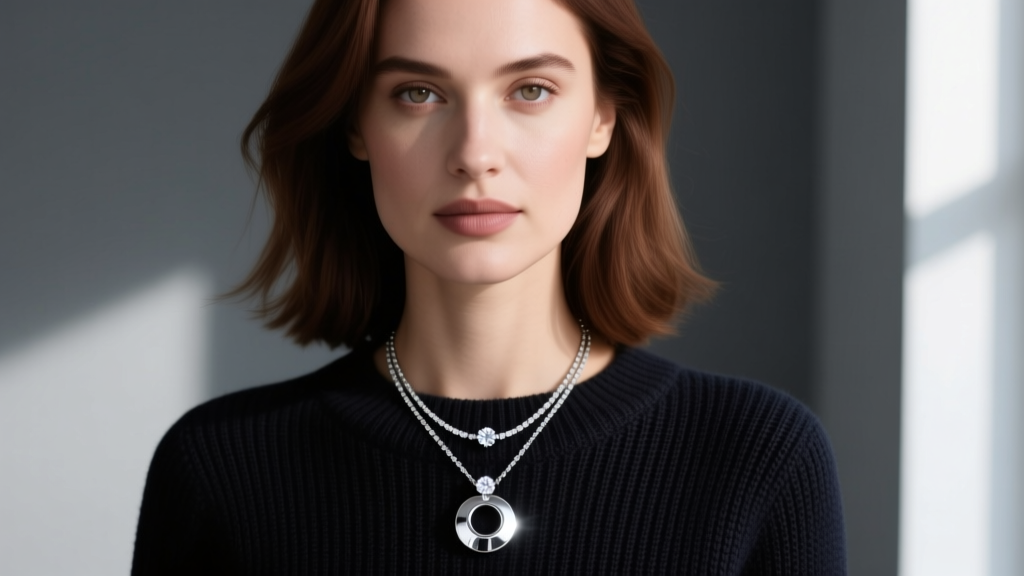 Woman wearing a layered necklace stack with a 10mm diamond circle pendant and a 16mm plain silver circle on a dark knit sweater