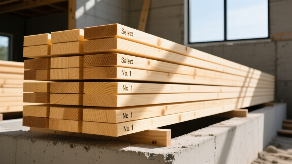 Stacked Southern Yellow Pine structural framing lumber with grade stamps visible, resting on concrete forms at an active residential build