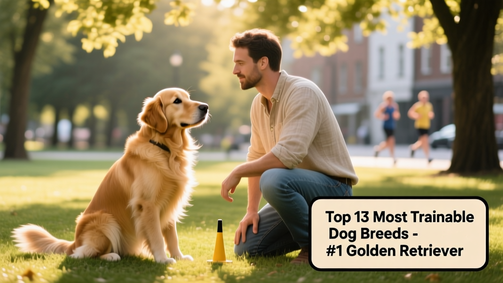 A golden retriever sitting attentively beside its owner during a training session in a sunny park
