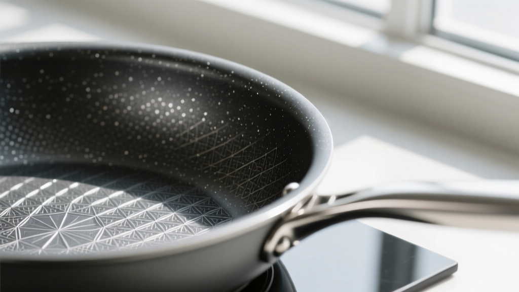 Close-up of a graphene-infused ceramic non-stick pan interior revealing the speckled dark grey coating and an ergonomic steel handle