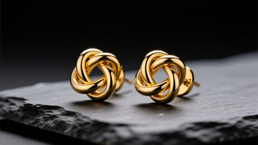 Close-up of 14k yellow gold knotted stud earrings resting on dark slate, illuminated by soft warm directional studio lighting