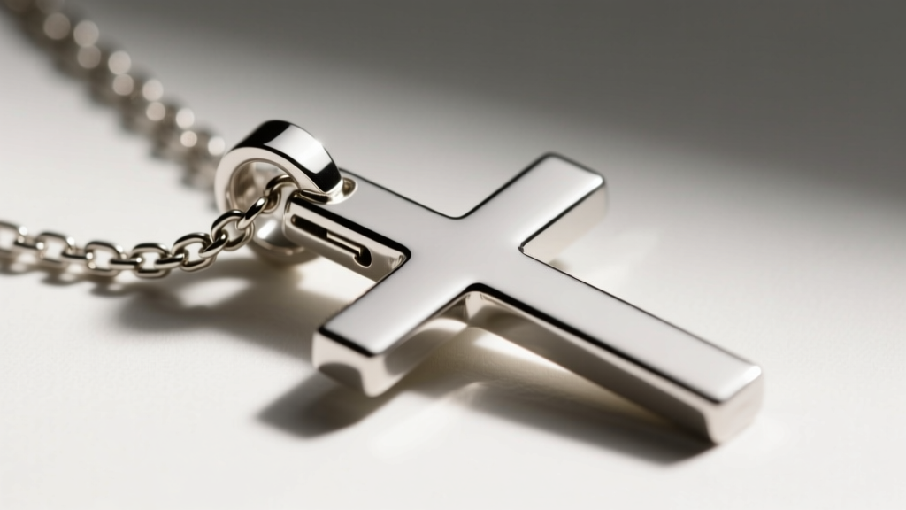 Close-up of a box chain threading through the integrated slider bail of a sideways silver cross, showing precise chain alignment.