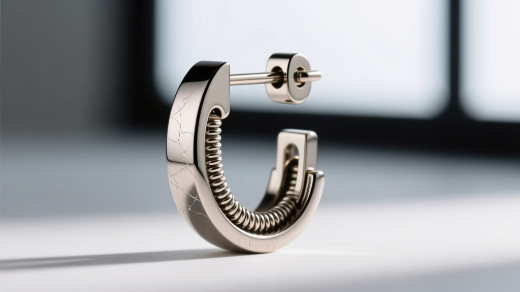 Macro shot of an 18-gauge titanium leverback earring clasp showing the secure locking hinge and polished finish in soft light.