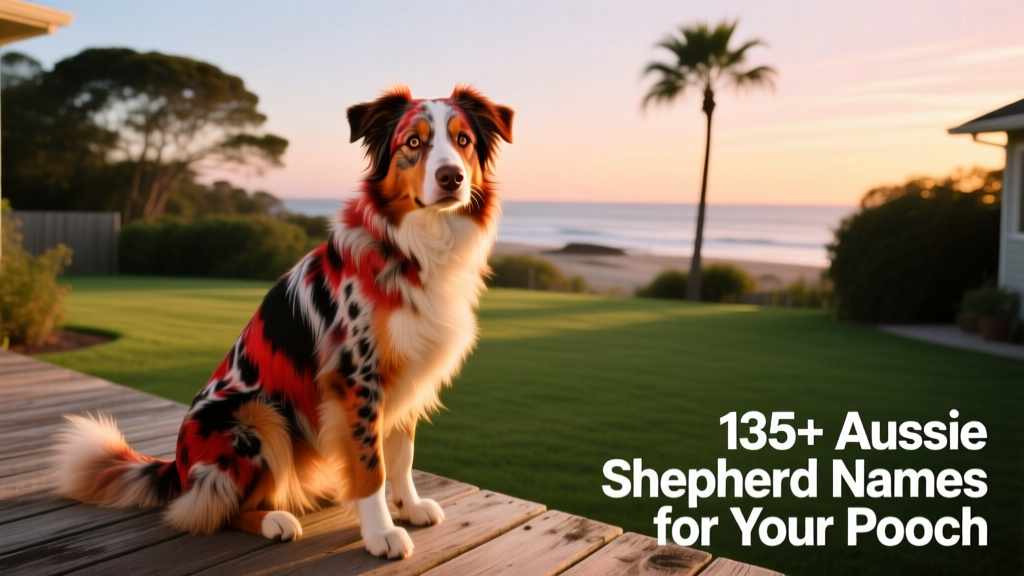 A striking red merle Australian Shepherd sitting alertly on a wooden deck at sunset