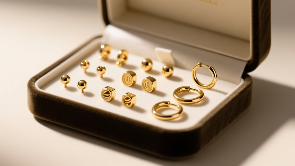 Elegant velvet display box holding a curated set of 14k gold threadless cartilage studs and lobe hoops under warm studio lighting.