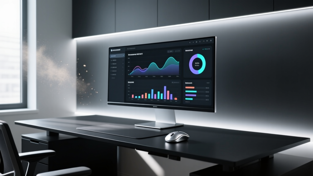Modern 2026 home office desk setup featuring ultrawide monitor, ergonomic trackball mouse, and sleek LED bias lighting against a dark wall