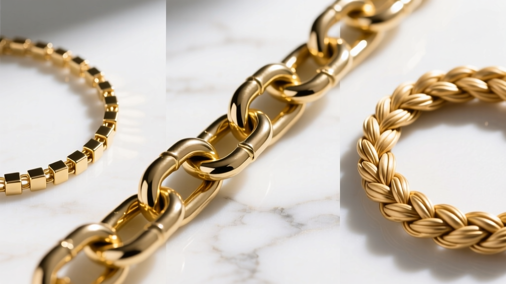 Close-up comparison of three gold chain links: a sturdy curb chain, a delicate box chain, and a woven wheat chain on white marble.