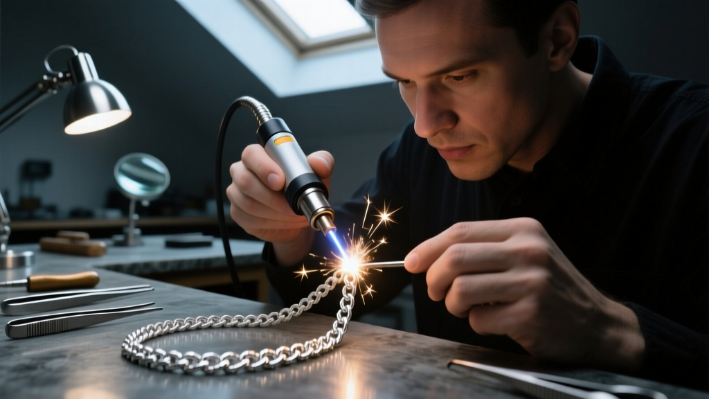 Jeweler using a laser welder to solder a platinum rope chain, with a bright spark visible under a microscope in a dark workshop