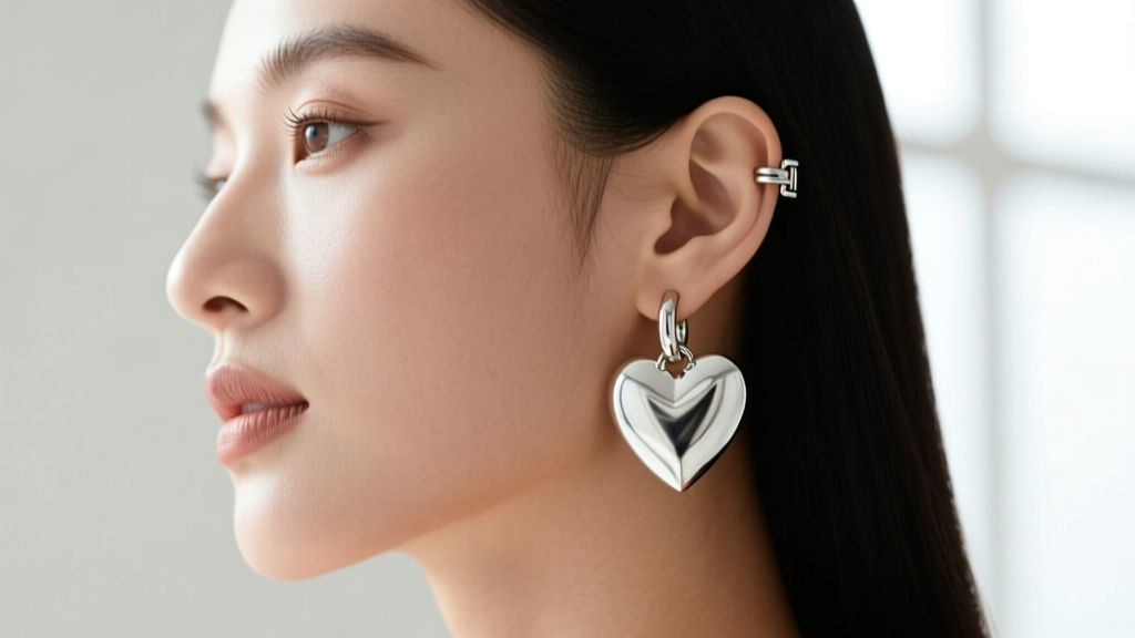 Side profile of a woman wearing chunky silver heart huggie earrings, showing a secure hinged clicker closure and polished texture.