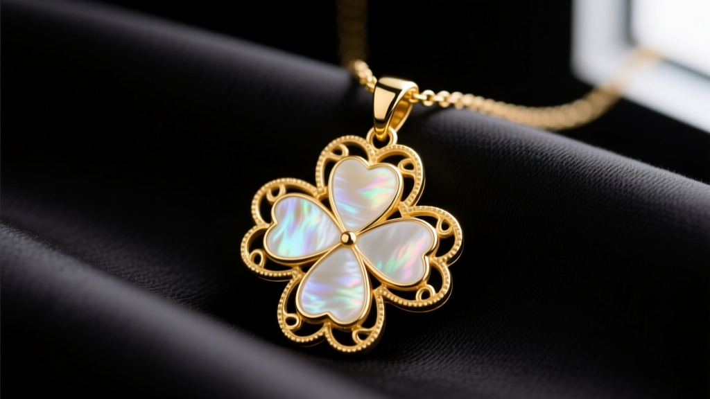 Close-up of an 18k yellow gold four leaf clover necklace pendant with a polished white mother of pearl inlay resting on dark silk.