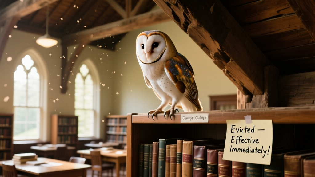 An owl perched high in the wooden rafters of a quiet college library
