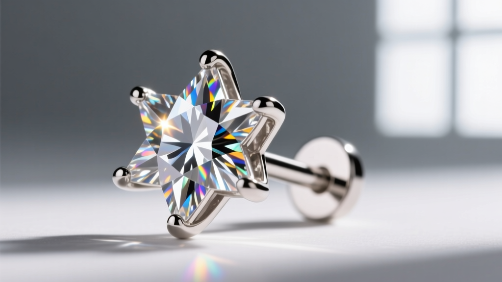 Macro shot of an 8-point starburst diamond earring stud in platinum, highlighting the bezel setting and sharp light refraction.