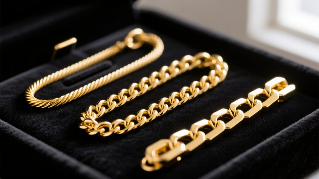 Macro shot of three 14k yellow gold chains: a 1mm cable chain, a 1.2mm rolo chain, and a box chain resting on dark velvet